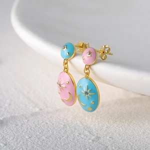 S925 silver sun moon star enamel dangle earrings in pink and blue vintage gold finish
