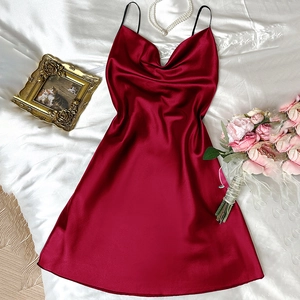 Deep red satin V-neck slip dress with cross straps and luxurious silk-like finish