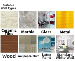 Visual guide of DIY wall clock application on tile, marble, glass, and metal surfaces