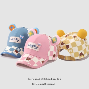 Kids Baseball Cap Cotton Checkerboard With 3D Ears Cartoon Bear Sun Protection Outdoor Adjustable Hat Boys Girls