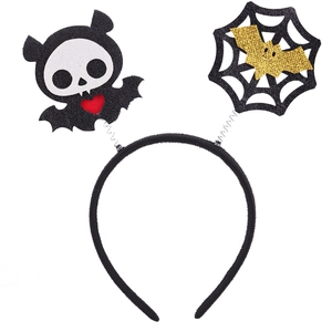 Macro view of Halloween headband with glitter bats and spiders on spring boppers
