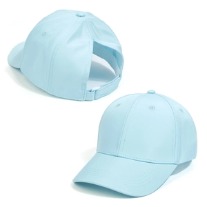 Dual views of light blue ponytail baseball cap showing front and rear mesh opening