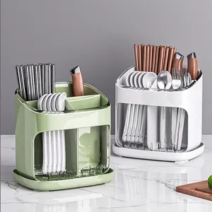 Wall-mounted kitchen utensil holder with drainage, transparent dividers for knives and forks