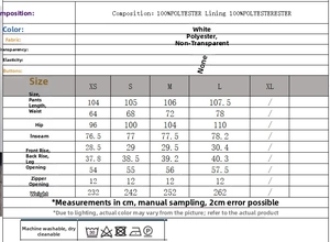 Tableau des tailles pour pantalon blanc à pois avec infos tissu 100% polyester durable