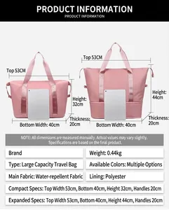 Detailed size chart of pink water-repellent travel bag with expanded capacity feature