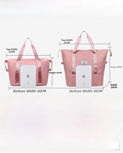 Detailed size chart of pink water-repellent travel bag with expanded capacity feature