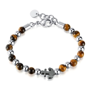 Mens beaded bracelet featuring brown tiger eye stones, hematite, and a silver anchor charm