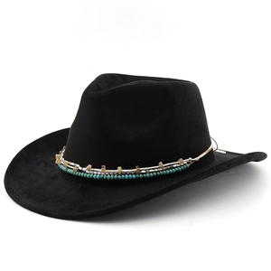 Ethnic style black faux suede western cowboy hat with colorful beaded band