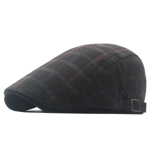 Classic British cotton plaid beret flat cap with adjustable side buckle in brown and blue