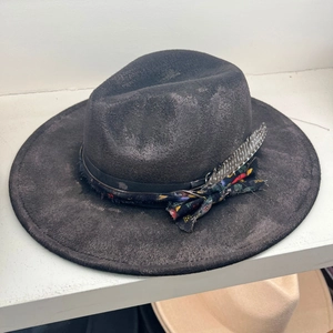 Handcrafted vintage dark gray wide-brimmed fedora hat with feather and floral band