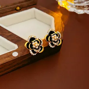 Camellia Flower Stud Earrings With Zircon Enamel Artificial Pearl And Silver Earring Post Vintage Luxury Style For Women
