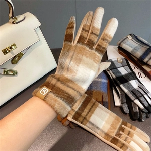 Guanti vintage in lana scozzese da donna con dita touch screen e targhetta in pelle