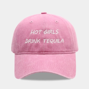Pink washed cotton baseball cap with Hot Girls Drink Tequila white embroidery