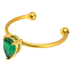 French style 18K gold plated stainless steel open ring with pear cut green zircon