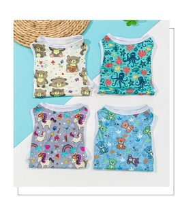 Detailed grid of four cartoon puppy vests with bear, octopus, and unicorn patterns