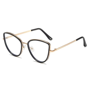 Retro cat-eye blue light blocking glasses with black frames and golden metal temples