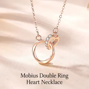 925 Sterling Silver Mobius Strip Necklace Women Interlocking Heart Circle Pendant Rhinestone Minimalist Jewelry Gift