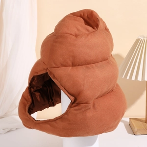 Funny brown poop plush hat headwear shown on mannequin head for cosplay and fun