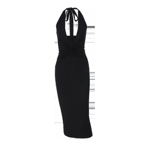Detail of deep V-neckline and waist twist knot on a black backless bodycon dress