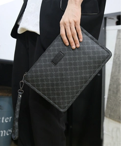 Men business casual clutch bag with wrist strap, dark grey monogram pattern, durable pouch.