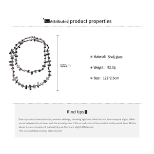 Detailed technical diagram showing 122cm shell and glass bead long necklace specifications