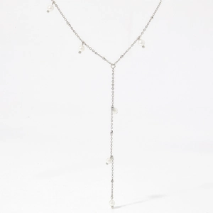 Élégant collier long en Y en acier inoxydable avec perles blanches et pendentif à pampilles