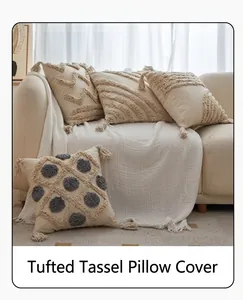 Detailed view of tufted textures and tassels on boho-style corduroy pillow covers