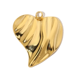 Detailed view of a gold-plated heart pendant with unique wavy texture and hollow design