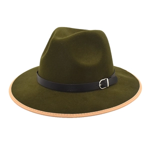 Olive green wool fedora hat with black leather band and silver buckle on white background