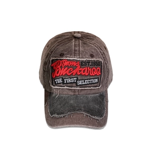 Macro shot of vintage washed baseball cap with embroidery detail and distressed brim