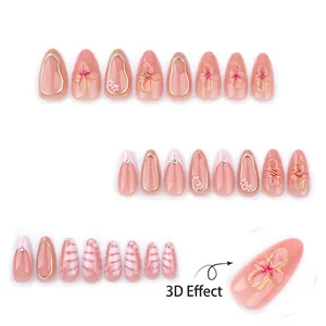 Pink French crocodile pattern press-on nails with 3D relief flowers and gold accents