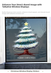 Close-up of a white Christmas tree window sticker with glowing stars and festive ornaments