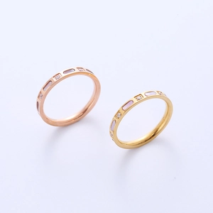 Titanium steel ring with rose gold plating, zircon inlay and purple enamel decoration