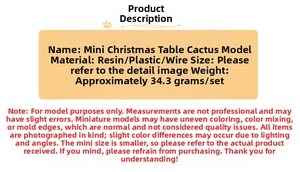 Miniature Christmas cactus model specifications showing resin material and 34.3g weight