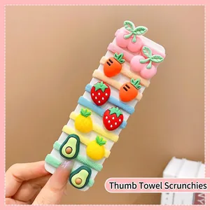 Detailed set of 10 colorful elastic hair ties with 3D cartoon fruit and vegetable charms