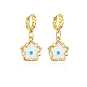 Detail of 18K gold plated chain earrings with white star and blue evil eye charms