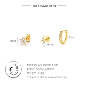Detailed view of sterling silver star and lightning earring set with AAAAA zircon stones
