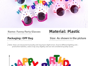 Detail of funny pink birthday glasses with cupcake design and plastic material specs