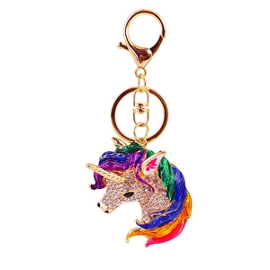 Colorful enamel unicorn keychain with sparkling rhinestones and gold-tone metal D-ring clasp