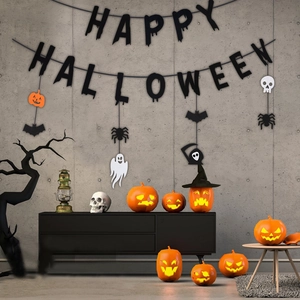 Banner de Happy Halloween en tela no tejida con decoraciones de calabaza, murciélago y fantasma