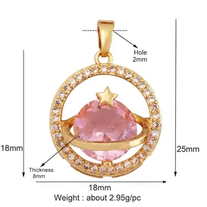 Gold plated pendant featuring pink gemstone and white zircon border with dimensions