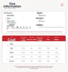 Size chart for women's fleece jacket featuring detailed measurements from S to XL