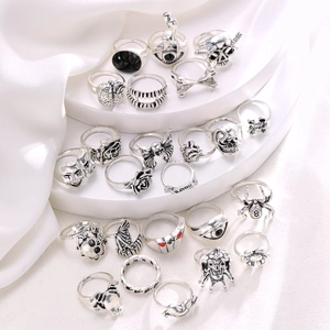 Detail shot of 24pcs punk rings set with skull and spider motifs on white tiered stand