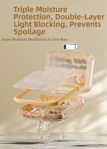 Exploded view of amber pill box showing moisture-proof seals and internal compartments