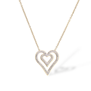 Elegant gold titanium heart pendant necklace with zircon stones on white background