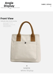 Casual canvas tote bag for women with front pocket and contrast handles, detailed front view.