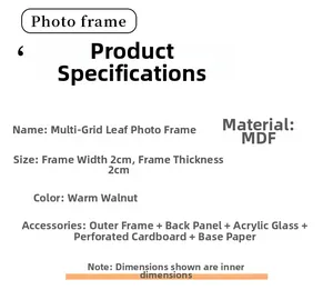 Detailed specs for walnut MDF leaf specimen frame including organic glass and grid mat