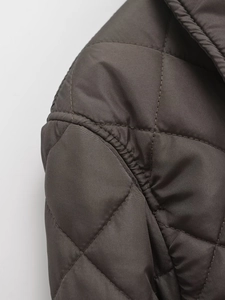 Detail of diamond-quilted pattern and premium stitching on this olive green padded jacket