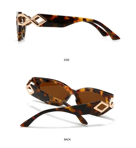 Detail view of tortoiseshell cat-eye sunglasses with gold geometric diamond accents