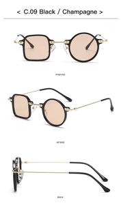 Trois vues de lunettes de soleil asymétriques carrées et rondes avec monture noire et verres